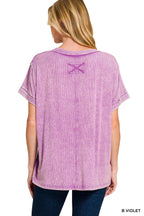 Zenana Washed Ribbed Cuffed Short Sleeve Round Neck Top