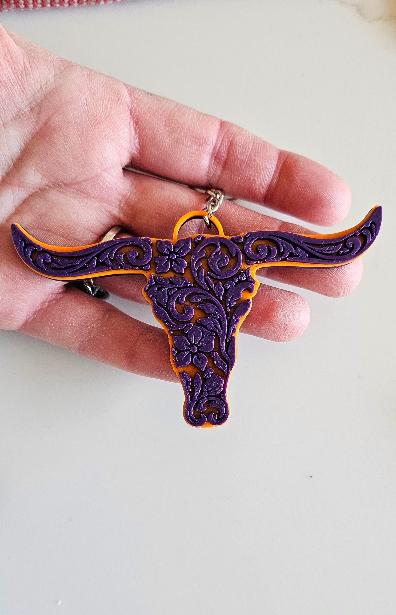 3d Print Tooled Longhorn Keychain or Purse Charm Ornament - Made in America - choice of colors Baha Ranch Western Wear