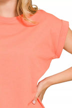 Zenana Round Neck Folded Short Sleeve T-Shirt