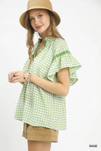 Umgee Gingham Lace Trim Top