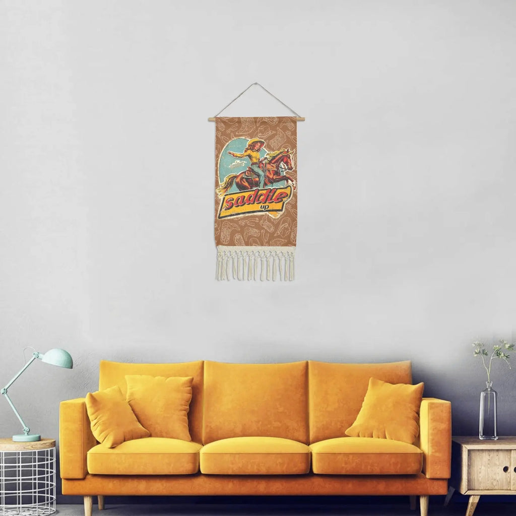 Saddle Up Western Wall Decor Linen Hanging Poster with Fringe Made in America Baha Ranch Western Wear