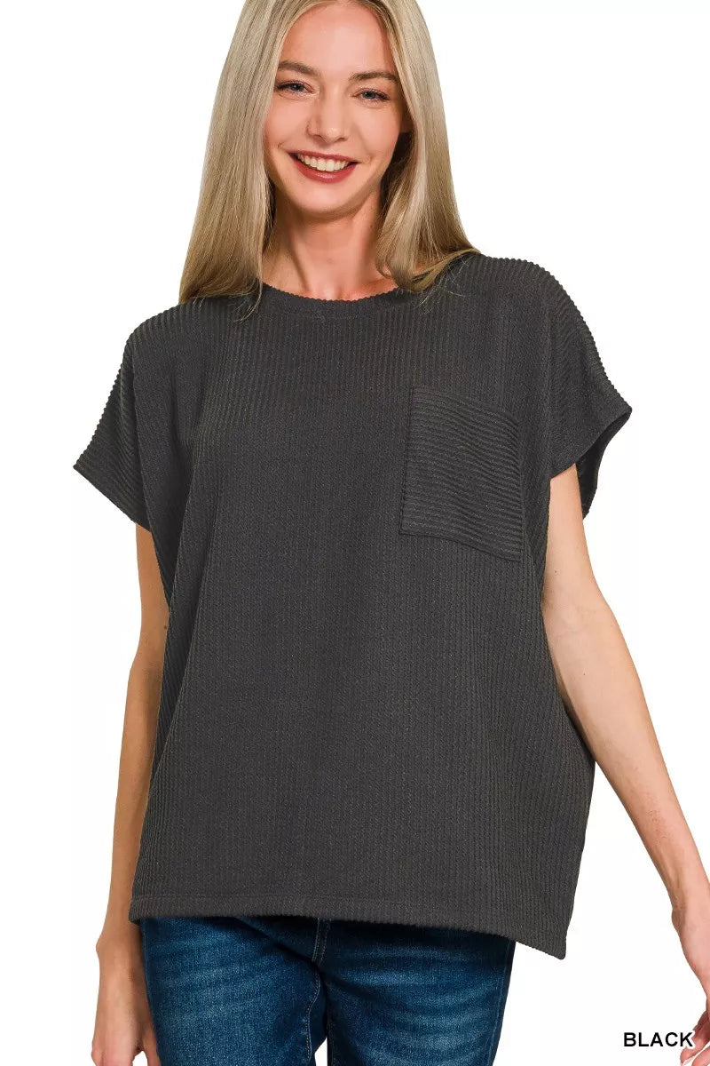 Zenana Raised Rib Front Pocket Boxy Top