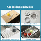 Stainless Steel Kitchen Sink, 30″x19″ Single Bowl, Undermount Handmade Sink in Brushed, with Cutting Board, Colander