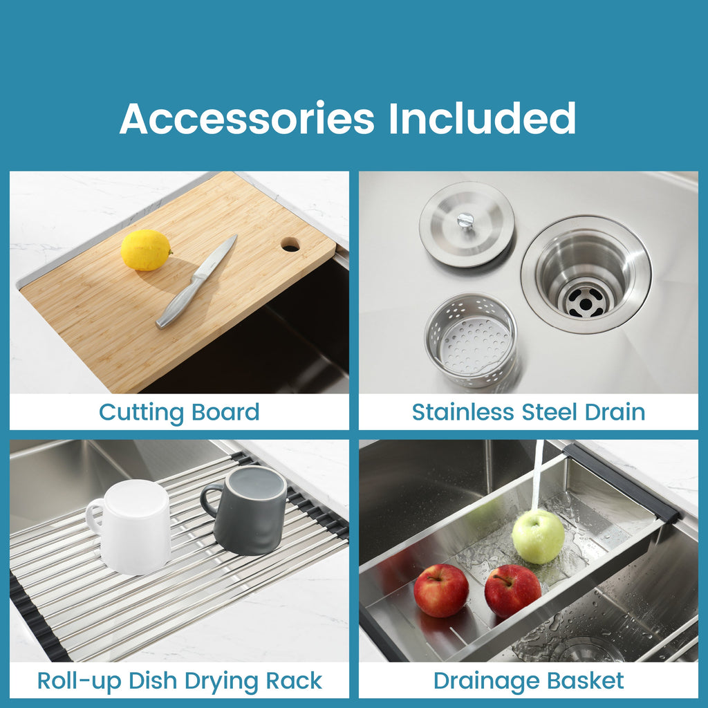 Stainless Steel Kitchen Sink, 30″x19″ Single Bowl, Undermount Handmade Sink in Brushed, with Cutting Board, Colander