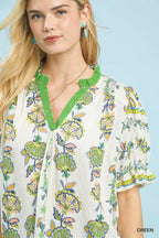 Umgee Abstract Border Print V-Neck Top