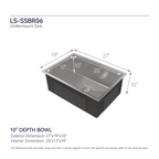 Stainless Steel Kitchen Sink, 27″x19″ Single Bowl, Undermount Handmade Sink in Brushed Nickel, with US Standard Drain and Hook, LS-SSBR06