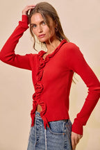 SO ME Cascade Ruffle Ribbed Sweater Cardgian