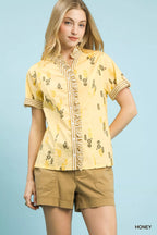 Umgee Printed Ruffle Trim Button Front Blouse