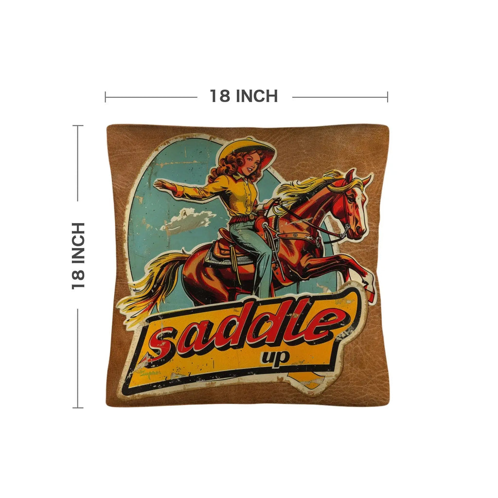 Saddle Up Vintage Cowgirl Throw Pillow Case 18x18inch Made in America Baha Ranch Western Wear