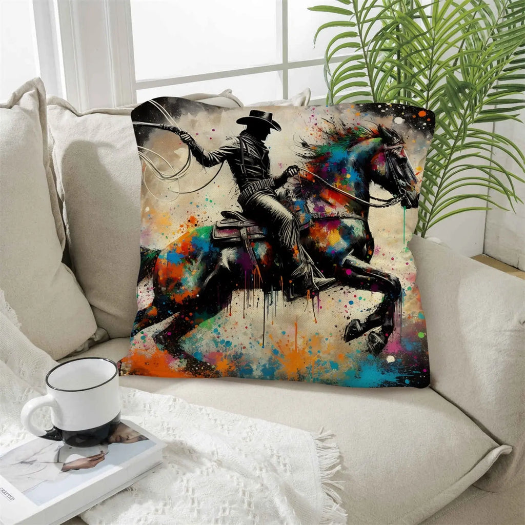 Painted Cowboy Throw Pillo Case Made in America Baha Ranch Western Wear