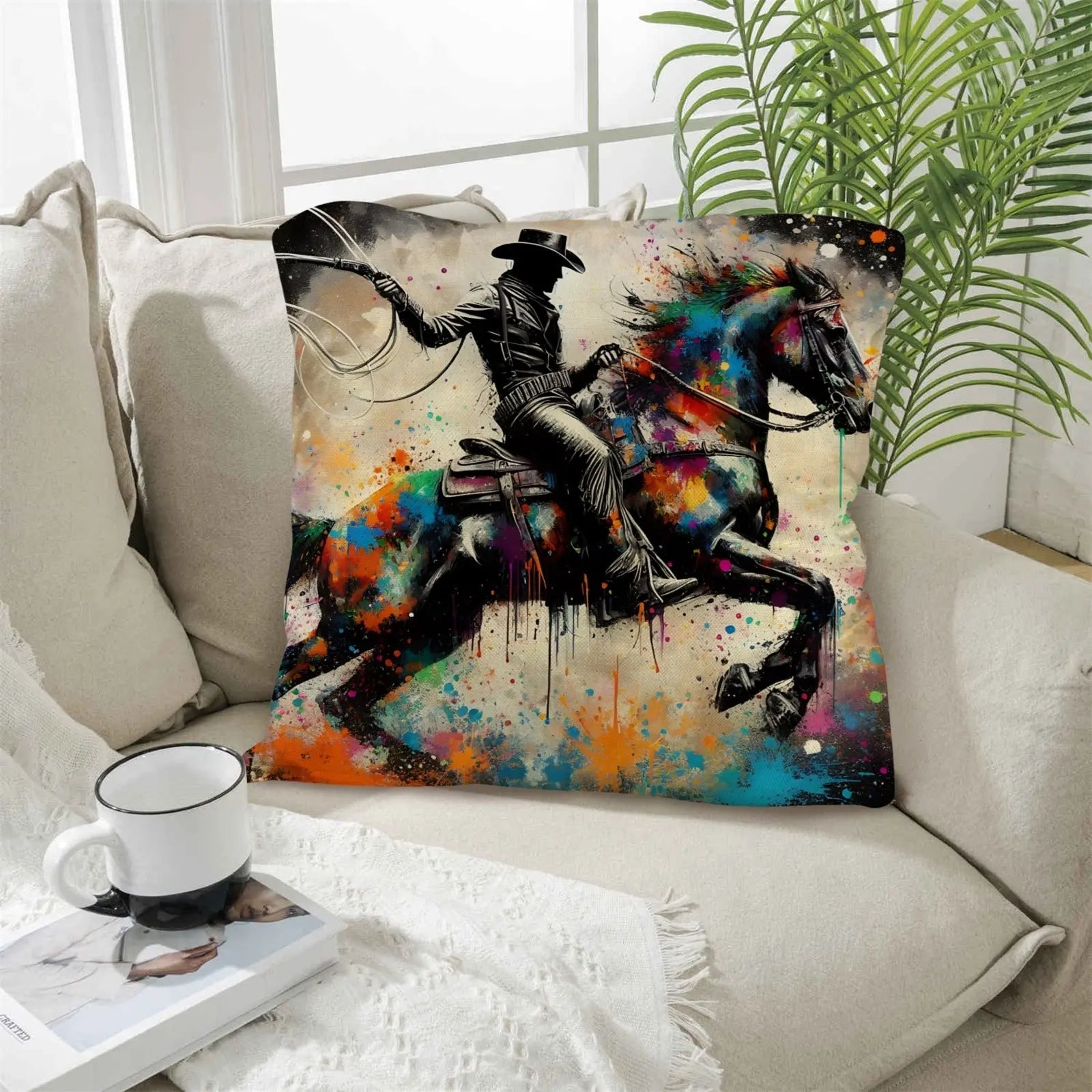Painted Cowboy Throw Pillo Case Made in America Baha Ranch Western Wear