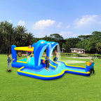 8 in1 Inflatable slide water park trampoline bouncing house outdoor garden with  Dolphin sprinkler & Target games & Water gun & Basketball
