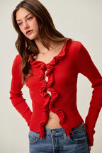 SO ME Cascade Ruffle Ribbed Sweater Cardgian