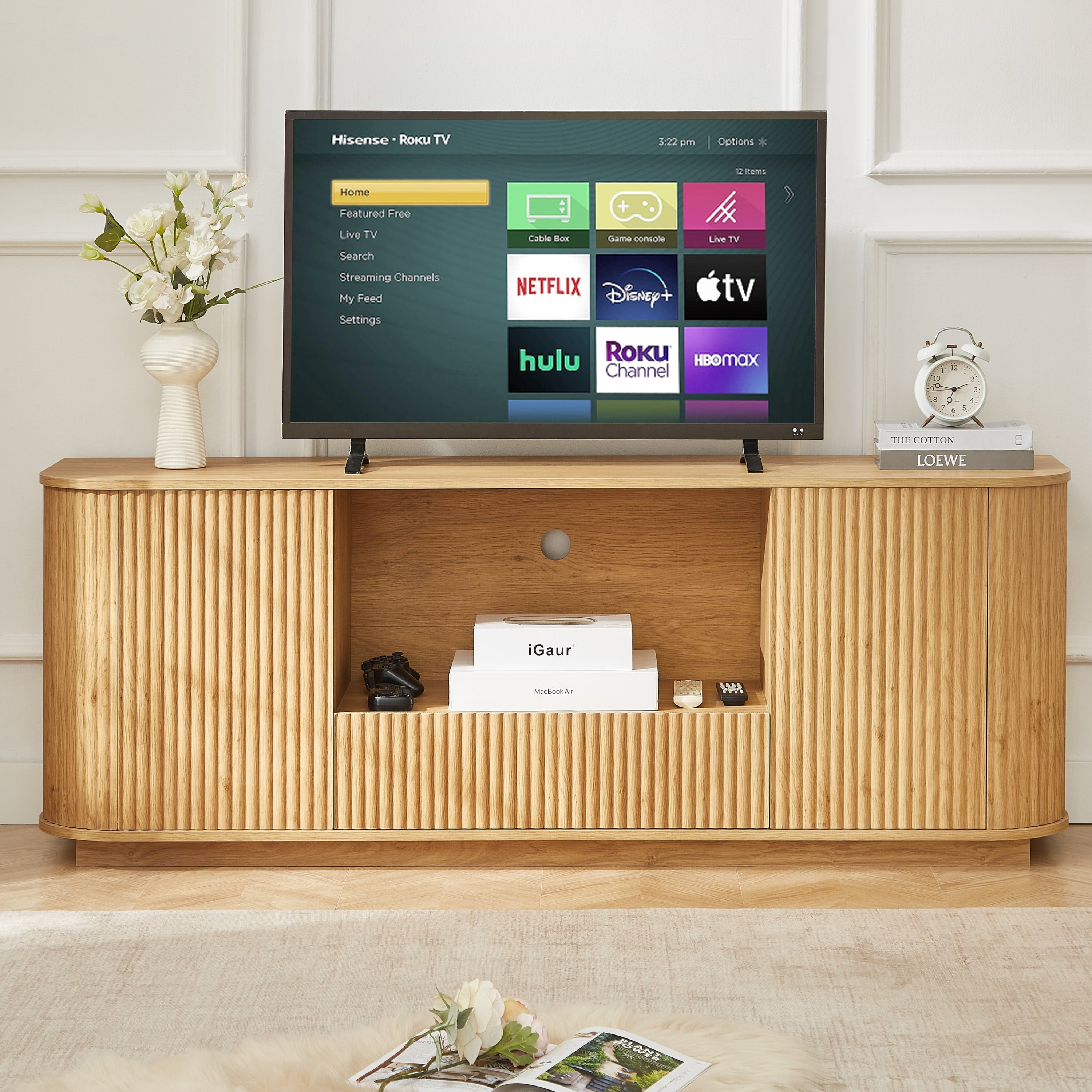 Modern Wavy TV Stand, Rounded Sideboard with Storage, Natural Particleboard and MDF, 64''W x 15''D x 24''H