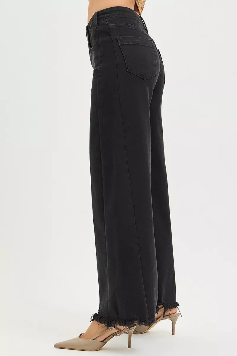 RISEN Tummy Control High Rise Palazzo Leg Frayed Hem Jeans