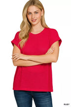 Zenana Hacci Slub Rolled Up Sleeve Tee