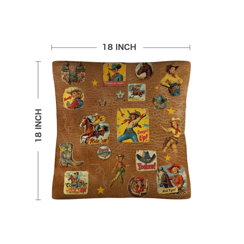 Vintage Cowgirl Collage Square Pillow Case 18x18 Made in America Baha Ranch Western Wear