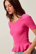 SO ME Ribbed Knit Short Sleeves Peplum Sweater Top