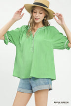 Umgee Textured Split Neck Puff Sleeve Top