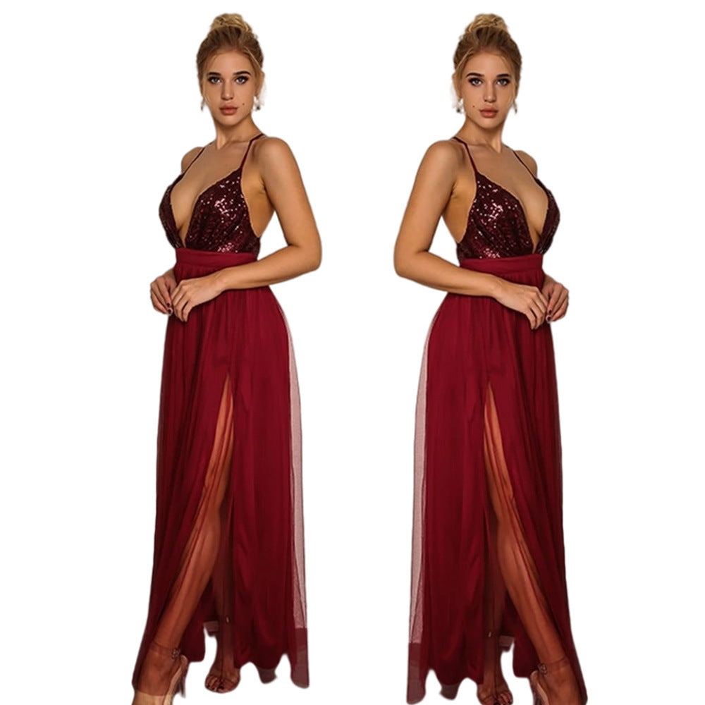 Joyfunear Cross Back Plunge Sequin Top Tulle Dress