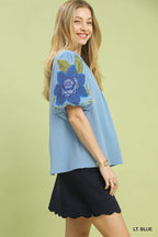 Umgee Textured Jacquard V-Neck Bubble Sleeve Top