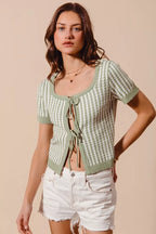SO ME Tie Front Textured Vertical Stripe Knit Cardigan