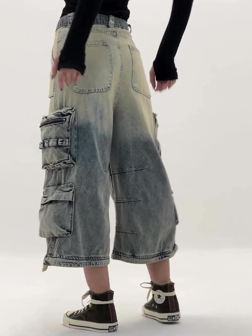 High - Waisted Ombre Cargo Jeans With Multiple Pockets