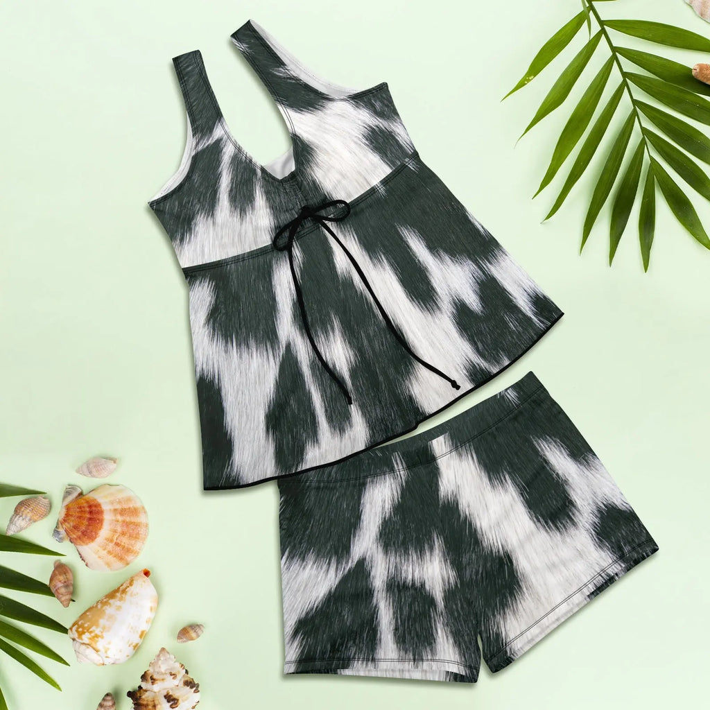Baha Ranch Black White Cowhide Print Tankini Boy Shorts Swim Set Baha Ranch Western Wear