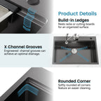 Stainless Steel Kitchen Sink, 30″x22″ Single Bowl, Overmount Handmade Sink in Black, with Cutting Board, Colander