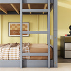 Triple Rubber Wood Bunk Bed with Two Built-in Ladders, Guardrails, Twin over Twin over Twin, Detachable Triple Twin Bunk Bed,Grey