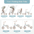 7 in 1 Baby Tricycle, Foldable Toddler Tricycle with Removable and Adjustable Parent Handle, Toddler Push Bike with Removable Pedal, Canopy, and Guardrail, Tricycle for 12-72 Months, blue