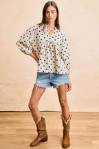 BiBi Polka Dot Corduroy Quarter Sleeves V Neck Blouse