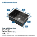 Stainless Steel Kitchen Sink, 27″x19″ Single Bowl, Undermount Handmade Sink in Black, with US Standard Drain and Hook