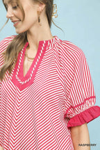 Umgee Stripe Ruffle Sleeve Split-Neck Blouse
