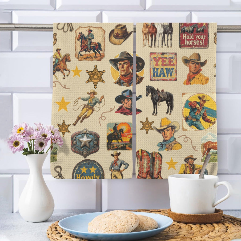 Vintage Cowboy Collage Set of 2 Dish Towels Made in America Baha Ranch Western Wear