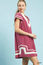 Umgee Linen Contrast Trim Short Sleeve Dress