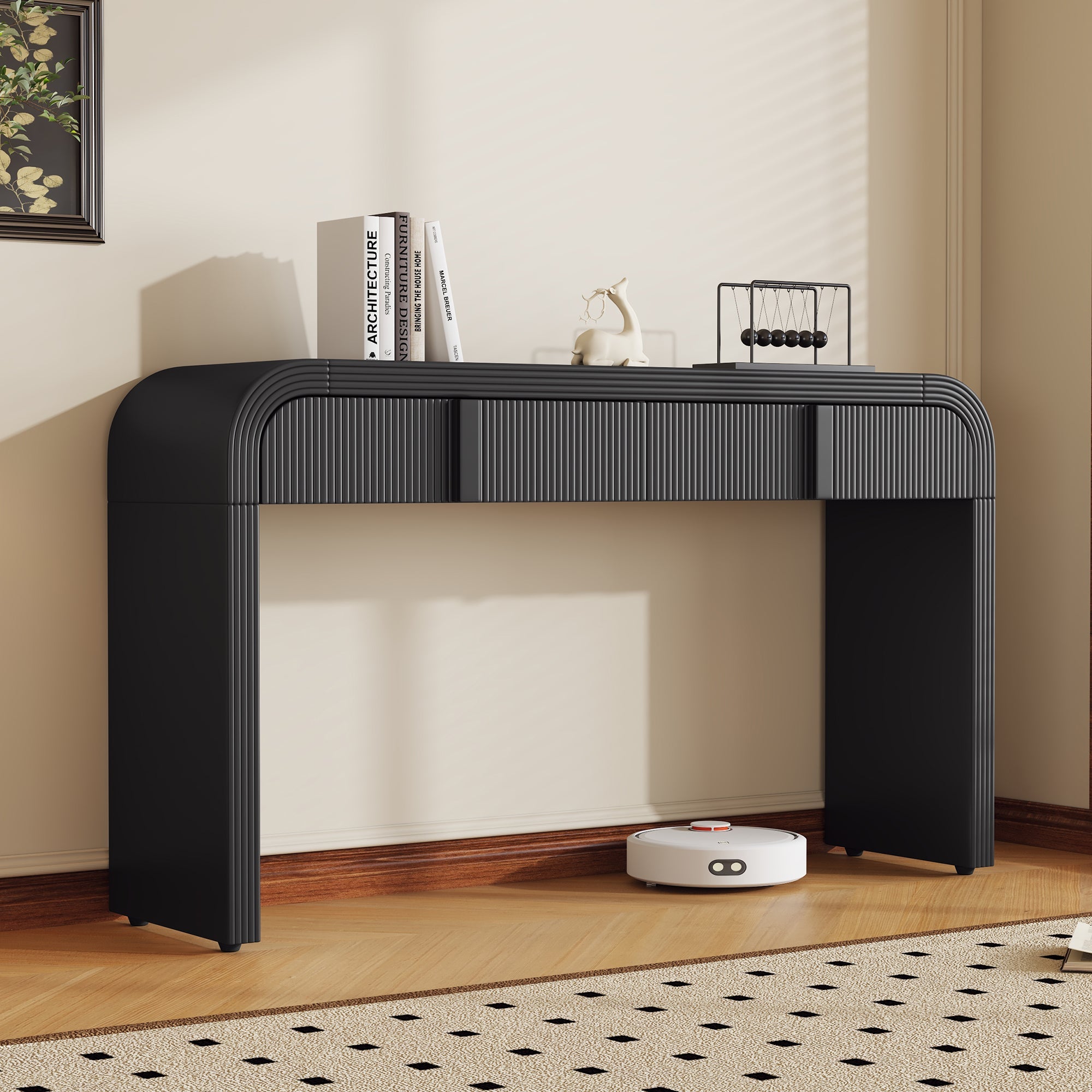TREXM Modern Console Table with 2 Storage Drawers, Fluted Entryway Table with Rounded Silhouette for Hallway Living Room and Entryway (Black)