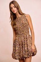 BiBi Leopard Bow Tie Attachable Puff Sleeves Dress
