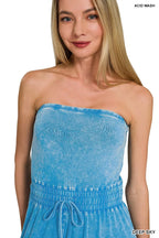 Zenana Acid Washed Strapless Tube Top Jumpsuit