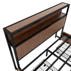 Large raised-pattern storage bed frame, wooden platform bed frame with multiple drawer storage function, bedside socket, brown wood (Queen)