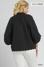 Umgee Full Size Textured Notched Balloon Sleeve Blouse Plus Size