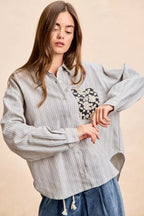 BiBi Flower Jacquard Knit Patch Pocket Stripe Shirt