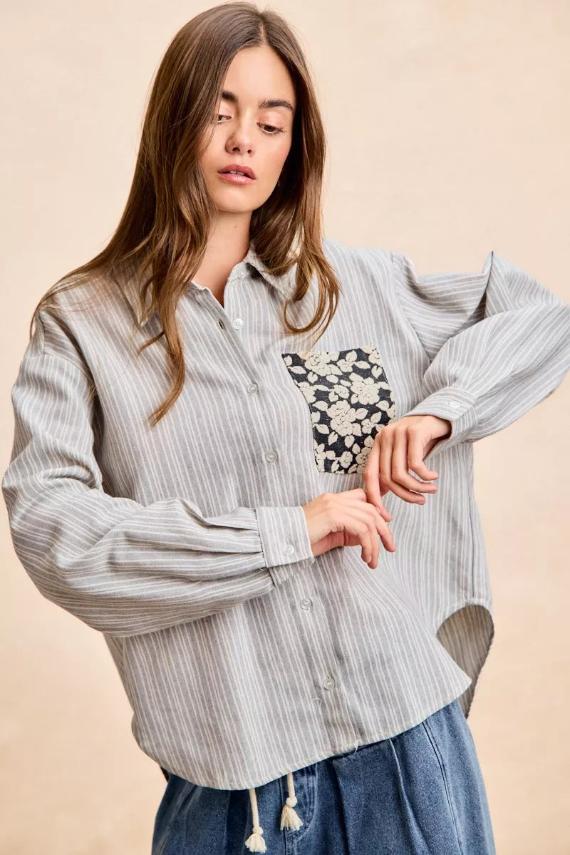 BiBi Flower Jacquard Knit Patch Pocket Stripe Shirt
