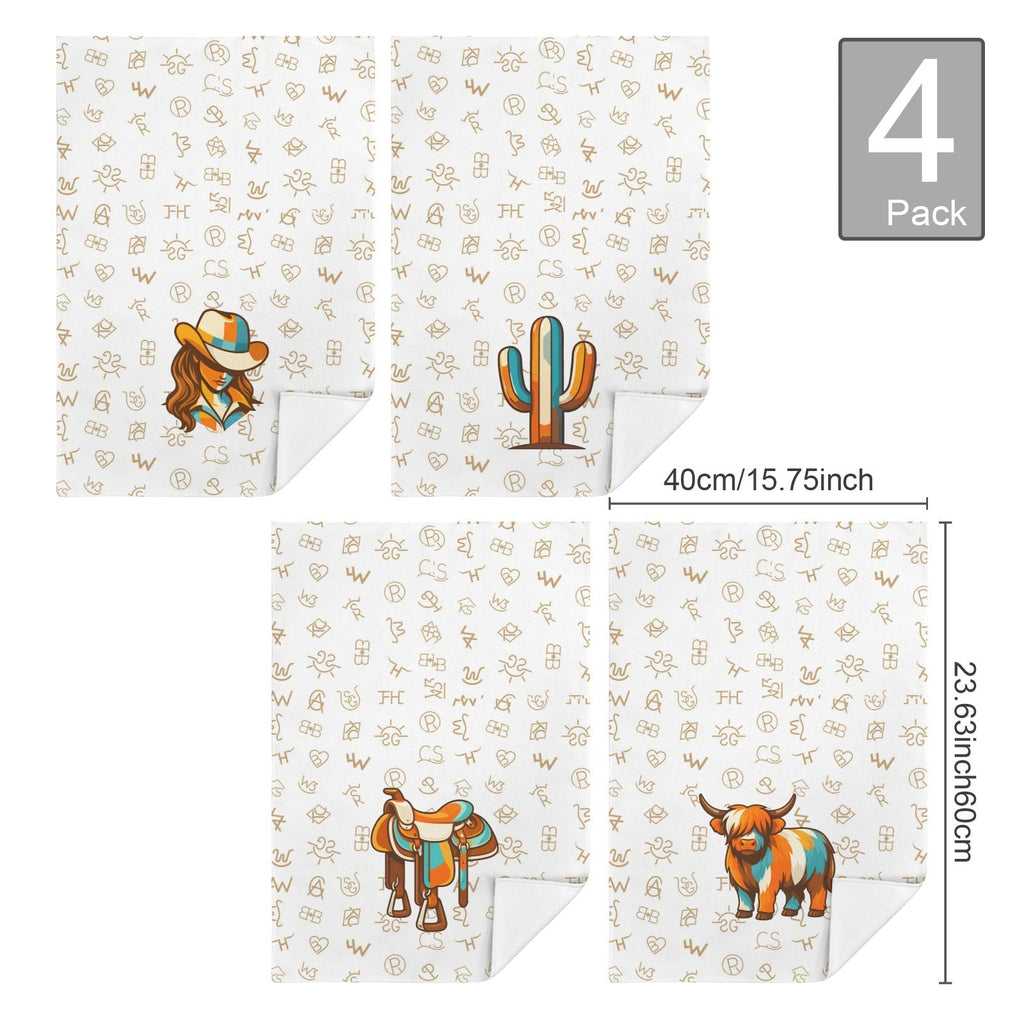 Set of 4 Minimalistic Western Highland Cow Cattle Brands Kitchen Towels Made in America Baha Ranch Western Wear