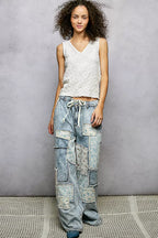 POL Textured Knit V-Neck Tank with Lace Trim