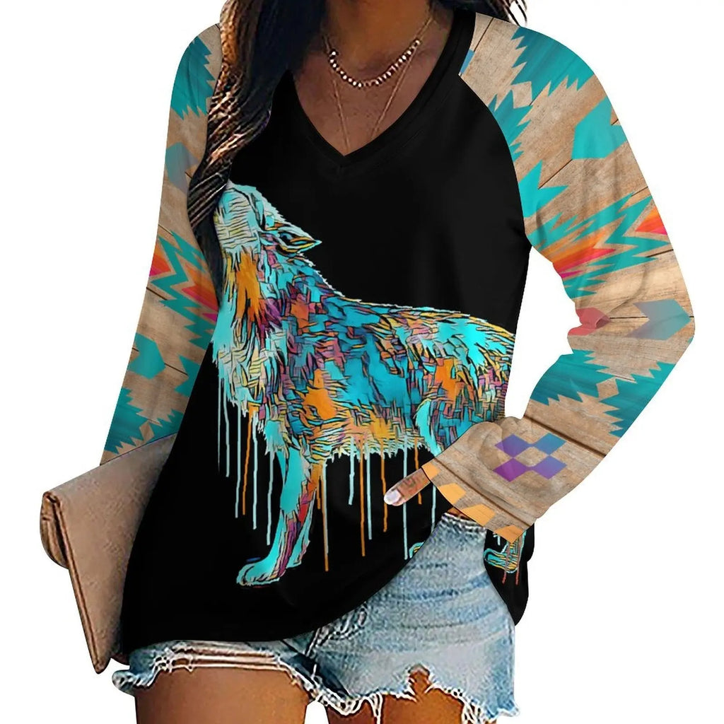Baha Ranch Western Native Wolf Long Sleeve Tee Baha Ranch Western Wear