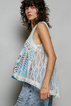 POL Floral V-Neck Sheer Tank with Lace Trim