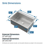 Stainless Steel Kitchen Sink, 27″x19″ Single Bowl, Overmount Handmade Sink in Dark Gray, with US Standard Drain and Hook