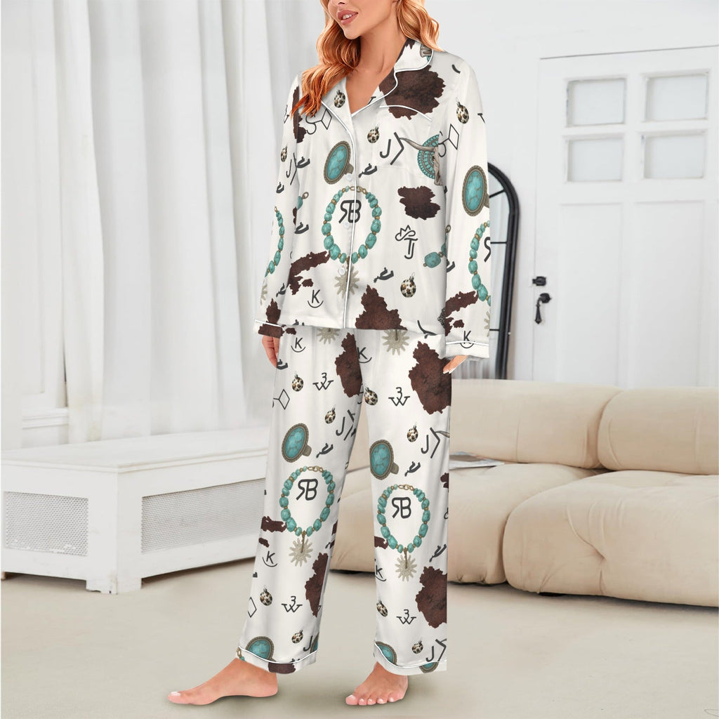 Baha Ranch Brands & Turquoise Cowgirl Christmas Western Cowprint Satin Pajamas Baha Ranch Western Wear