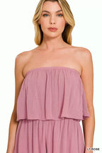 Zenana Woven Crinkle Strapless Rompers